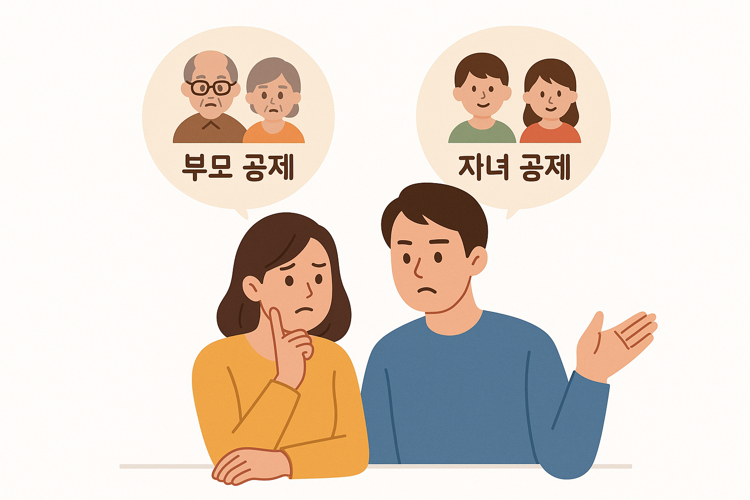 자녀 또는 부모 공제를 누가 받을지 고민하는 맞벌이 부부 이미지