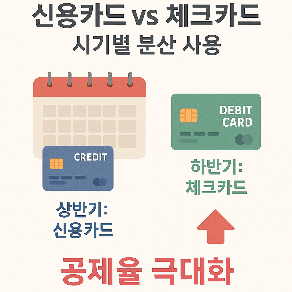 신용카드와 체크카드를 시기별로 나눠 사용하는 전략 인포그래픽