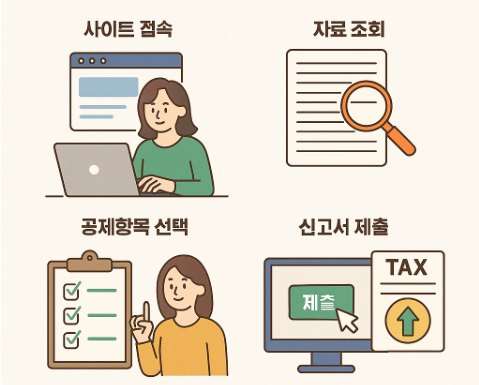 홈택스 로그인과 연말정산 메뉴 이용 화면 예시