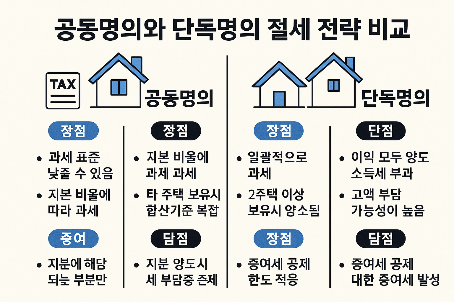 공동명의와 단독명의 절세 전략 요약 인포그래픽