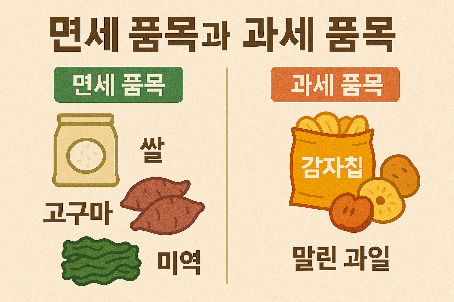 부가가치세 면세 품목과 과세 품목 비교 인포그래픽