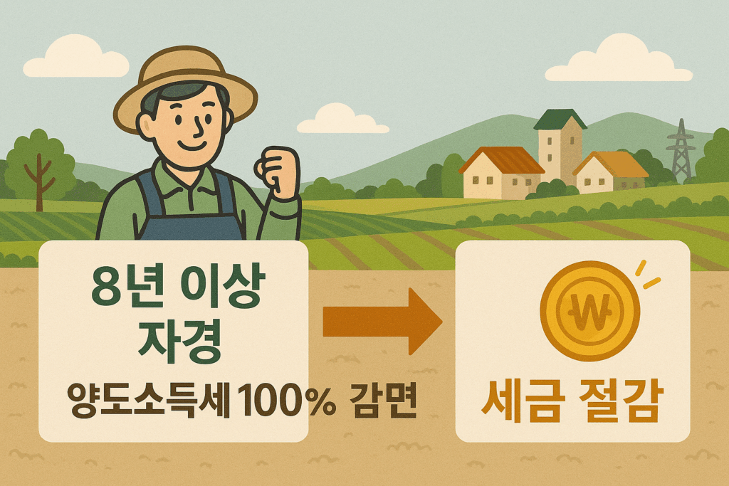 자경 농지 양도소득세 감면 흐름도 인포그래픽